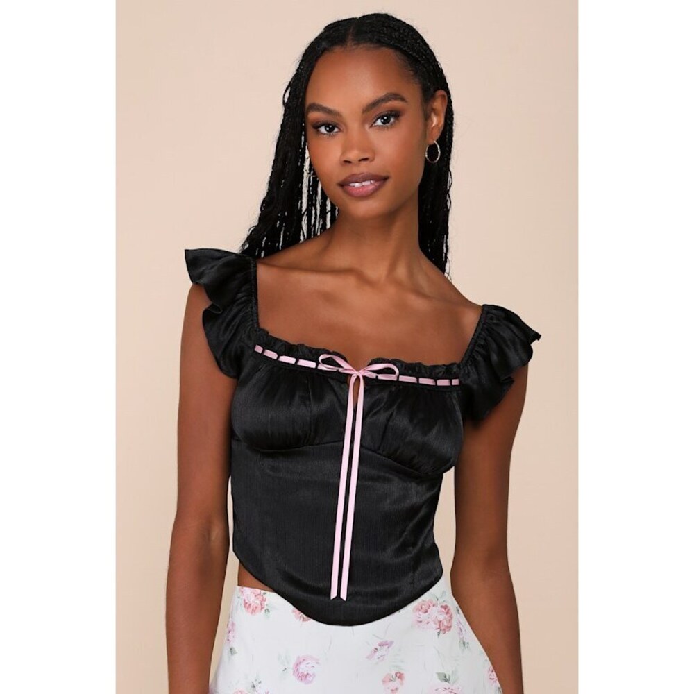 Lulus Radiating Elegance Black Crinkle Satin Flutter Sleeve Top - Size S